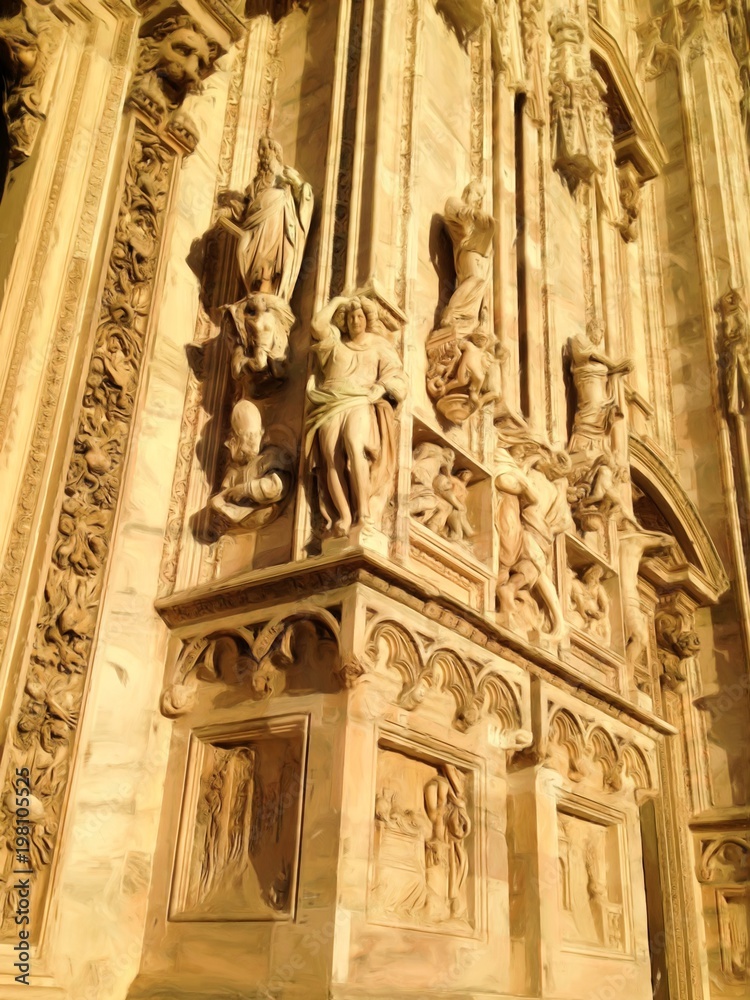 Sculptures on Milan cathedral. Ancient gothic church. Summer tourism in Italy.