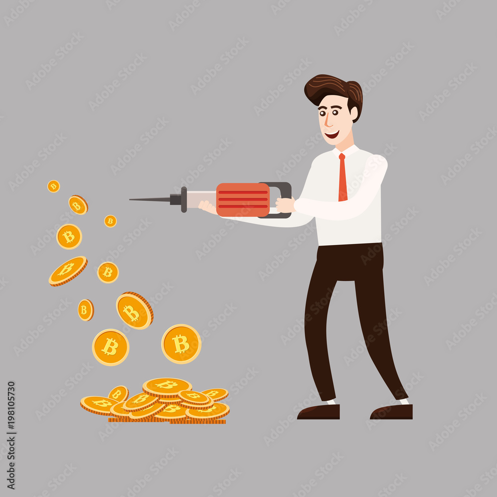 Cryptocurrency concept with businessman miner and coins. Young man with jackhammer working in bitcoin mine, cartoon style, isolated Cryptocurrency concept with businessman miner and coins. Young man with jackhammer working in bitcoin mine, cartoon style, isolated