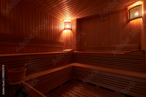 Interior of Finnish sauna, classic wooden sauna interior © Gecko Studio