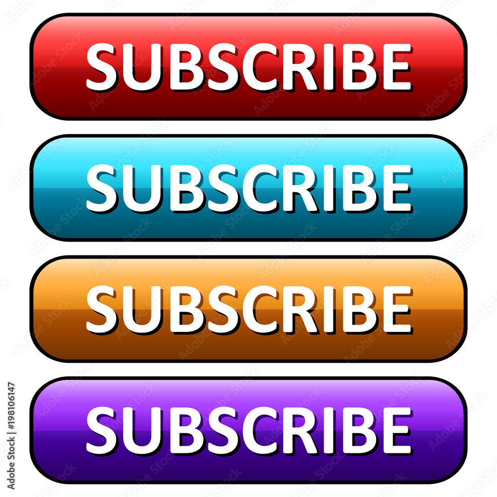 Colorful, rounded, rectangle subscribe button. Four color variations. Isolated on white