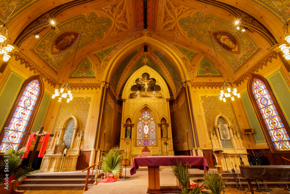 Altar of Holy Cross Catholic Church. Holy Cross Catholic Church first began as one of the 21 California missions: La Exaltacion de la Santa Cruz, giving its name to the city and county.