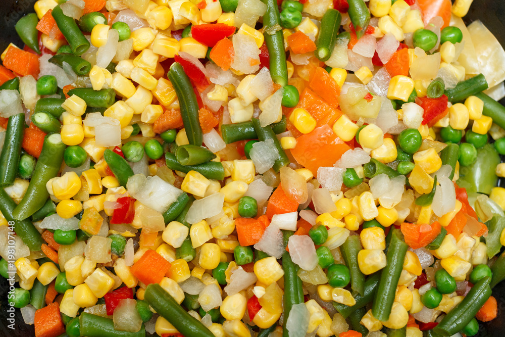 Fresh vegetables in a frying pan. Fresh vegetable products, freshly frozen odietic vegetables, broccoli, corn, asparagus, pepper, carrots are cooked in a frying pan on a gas stove. Fresh vegetables in a frying pan. Fresh vegetable products, freshly frozen odietic vegetables, broccoli, corn, asparagus, pepper, carrots are cooked in a frying pan on a gas stove.