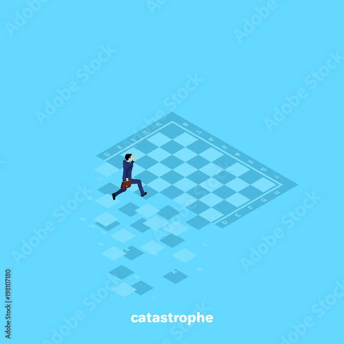 a man in a business suit runs along the crumbling chessboard, an isometric image