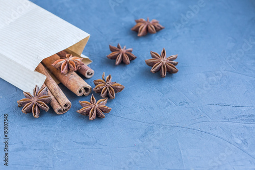 Cinnamon and star anise in paper bag close-up