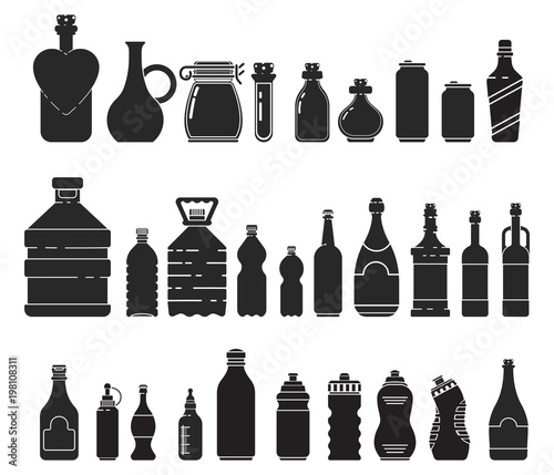 Set with differnet icon silhouette bottle 