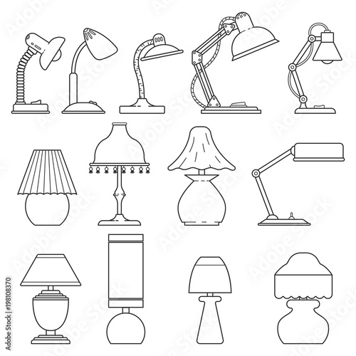 Set icon line modern and retro table lamp light and bedside lamp