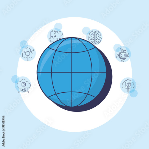 Artificial intelligence design with global sphere and related icons around over white circle and blue background, colorful design vector illustration photo