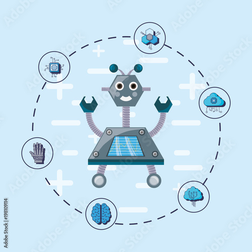 Artificial intelligence design with cartoon robot and related icons around over blue background, colorful design vector illustration photo