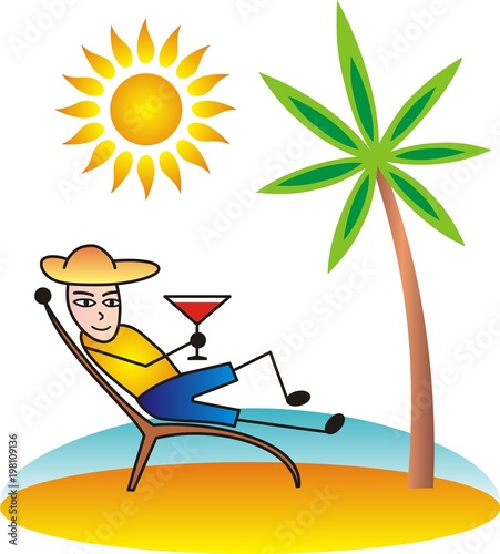 A man on the beach in a chaise longue. Coast of the sea, palm tree and sun. Cartoon drawing