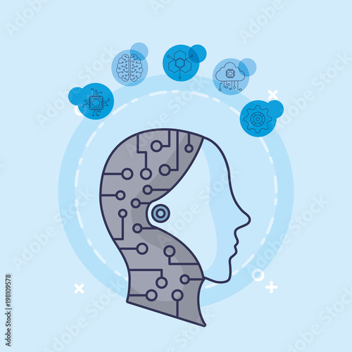 Artificial intelligence design with robotic head and related icons around over  blue background, colorful design vector illustration photo