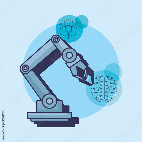 Artificial intelligence design with robotic arm and related icons around over blue background, colorful design vector illustration photo