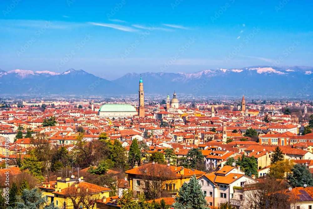 Panoramic view of Vicenza. Basilica Palladiana, and Alps mountains. Italy