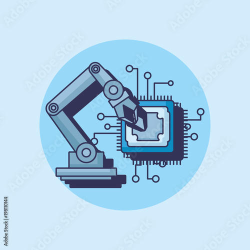 Robotic arm with electronic chip over blue background  colorful design vector illustration