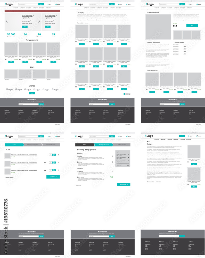 Set of ecommerce website templates. Homepage, category, product detail, shopping cart, article - modern vector flat design layouts
