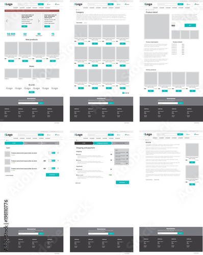 Set of ecommerce website templates. Homepage, category, product detail, shopping cart, article - modern vector flat design layouts