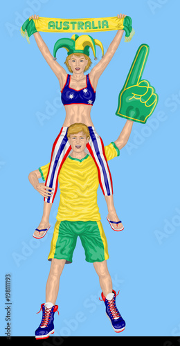 Australian Fans Supporting Australia Team with Scarf and Foam Finger photo