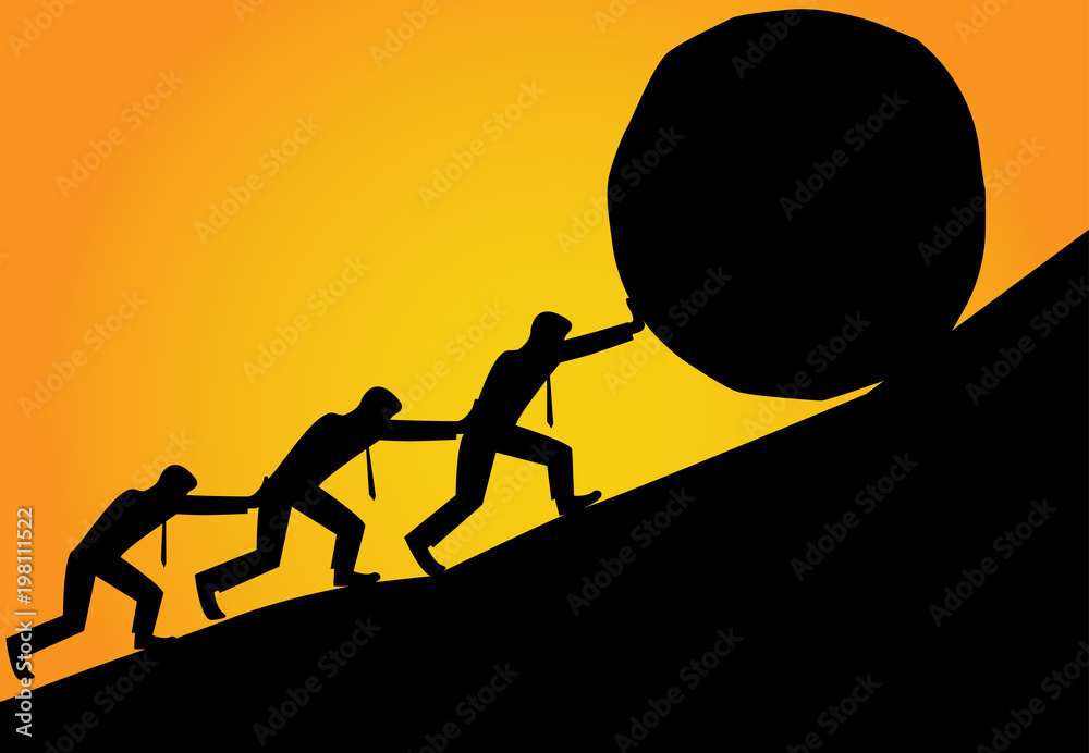 Group of Man try to move stone ball to top of hill