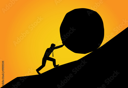 Man trying to move big stone ball to top of hill