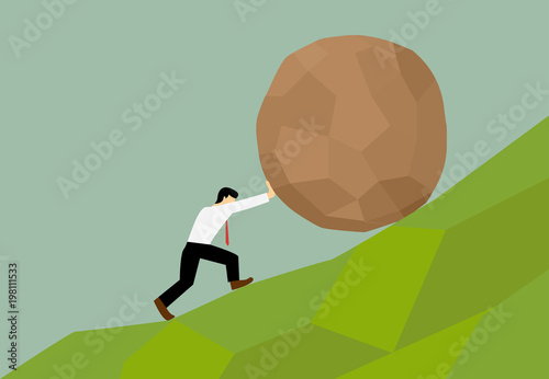 Man trying to move big stone ball to top of hill