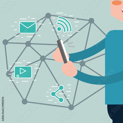 man holding smartphone connection social media network vector illustration photo