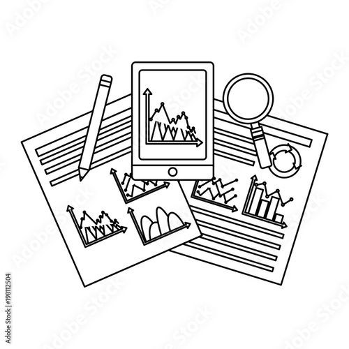 smartphone business documents pencil analysis search vector illustration outline design