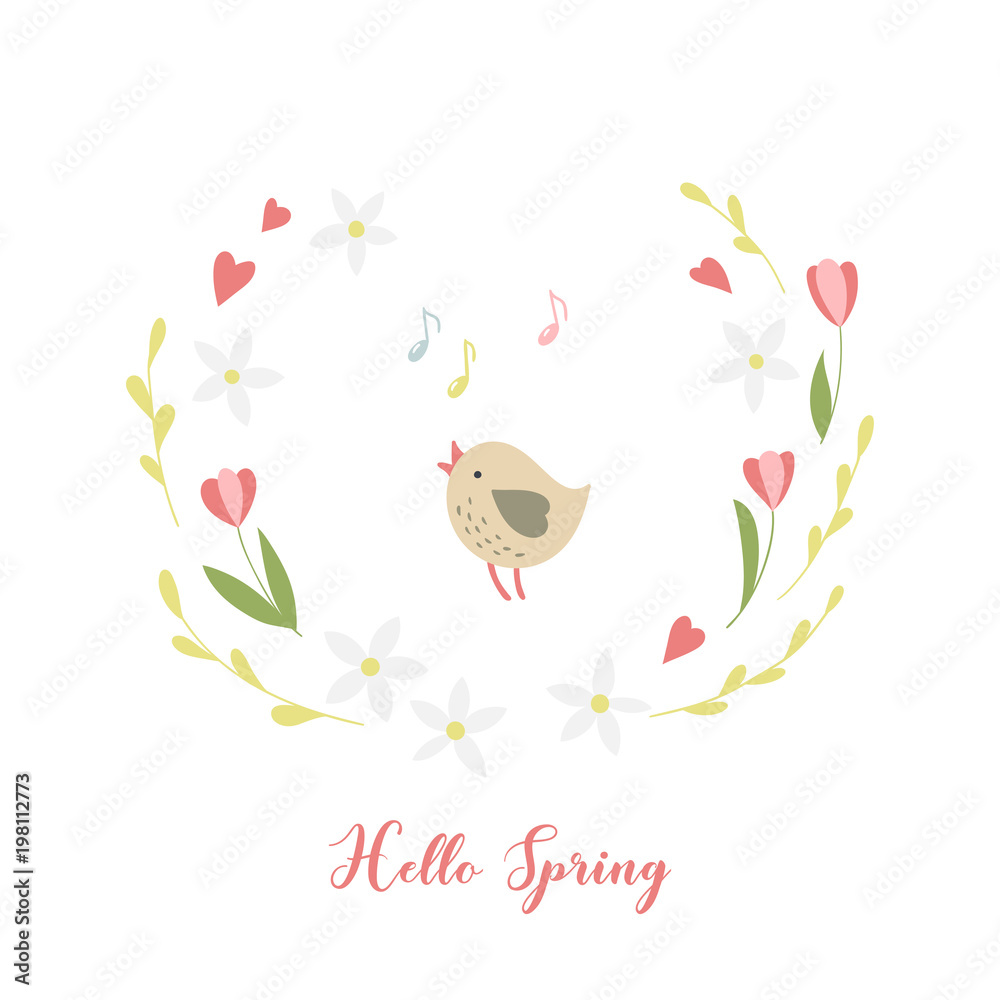 Little bird, flowers and handwritten inscription Hello spring. Vector illustration.