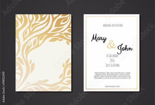 Vintage wedding invitation templates. Cover design with gold leaves ornaments.