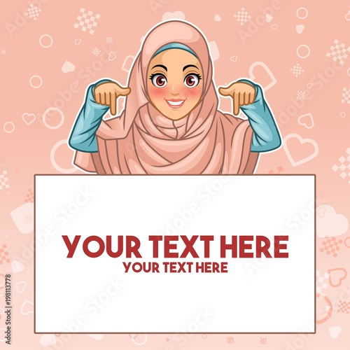 Young muslim woman wearing hijab veil pointing finger down at copy space, cartoon character design, against pink background, vector illustration.