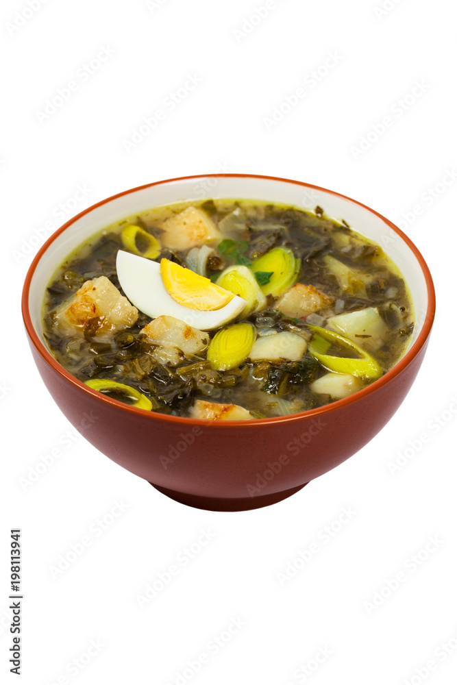 Spinach, Potato and Sorrel Soup Isolated on White Background. Selective focus. Spinach, Potato and Sorrel Soup Isolated on White Background. Selective focus.