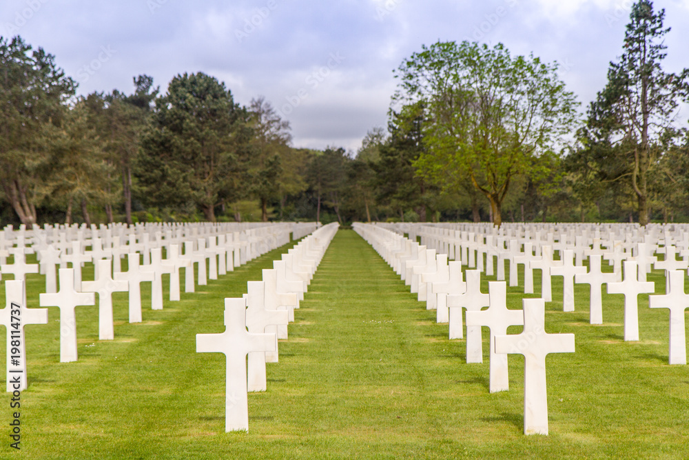 Parallel Rows of Precise White Marble Crosses at The American Cemetery, Normandy, France