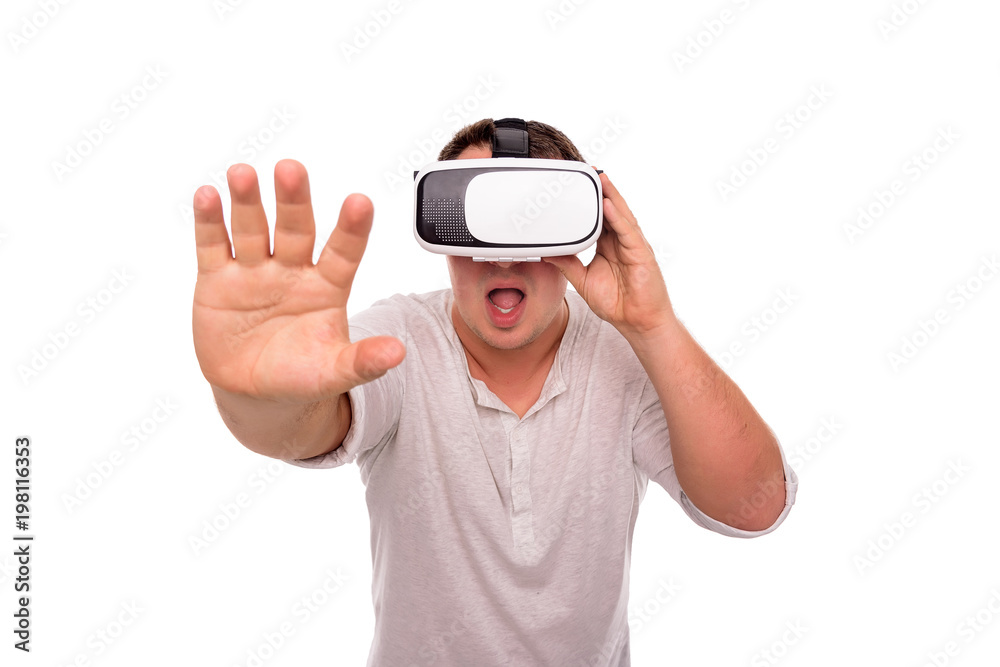 Man in glasses or helmet of virtual reality on a white. Man in glasses or helmet of virtual reality on a white.