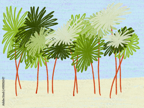 Colorful hand drawn abstract silhouette of green palms on sand and  blue sky background  colorful nature illustration painted by pencil pastel chalk  high quality