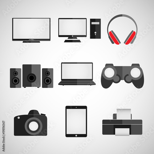Vector illustrations of technology - digital, power, device: TV, computer, satellites, notebook, camera, tablet, headphones, joystick, printer. Isolated on white background. Signs / Symbols