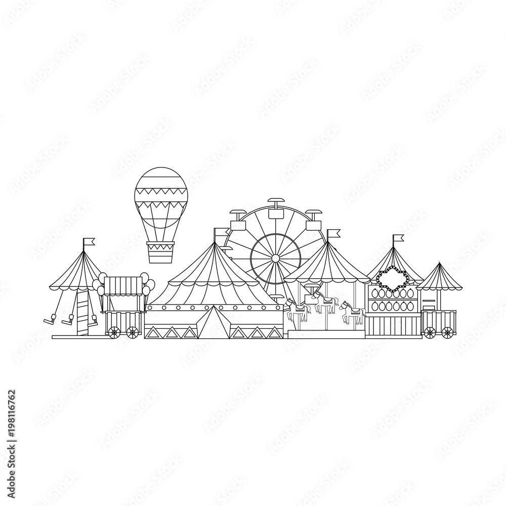 carnival circus funfair amusement enjoyment park vector illustration outline design