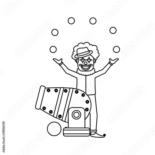 happy clown trick balls and circus cannon vector illustration outline design