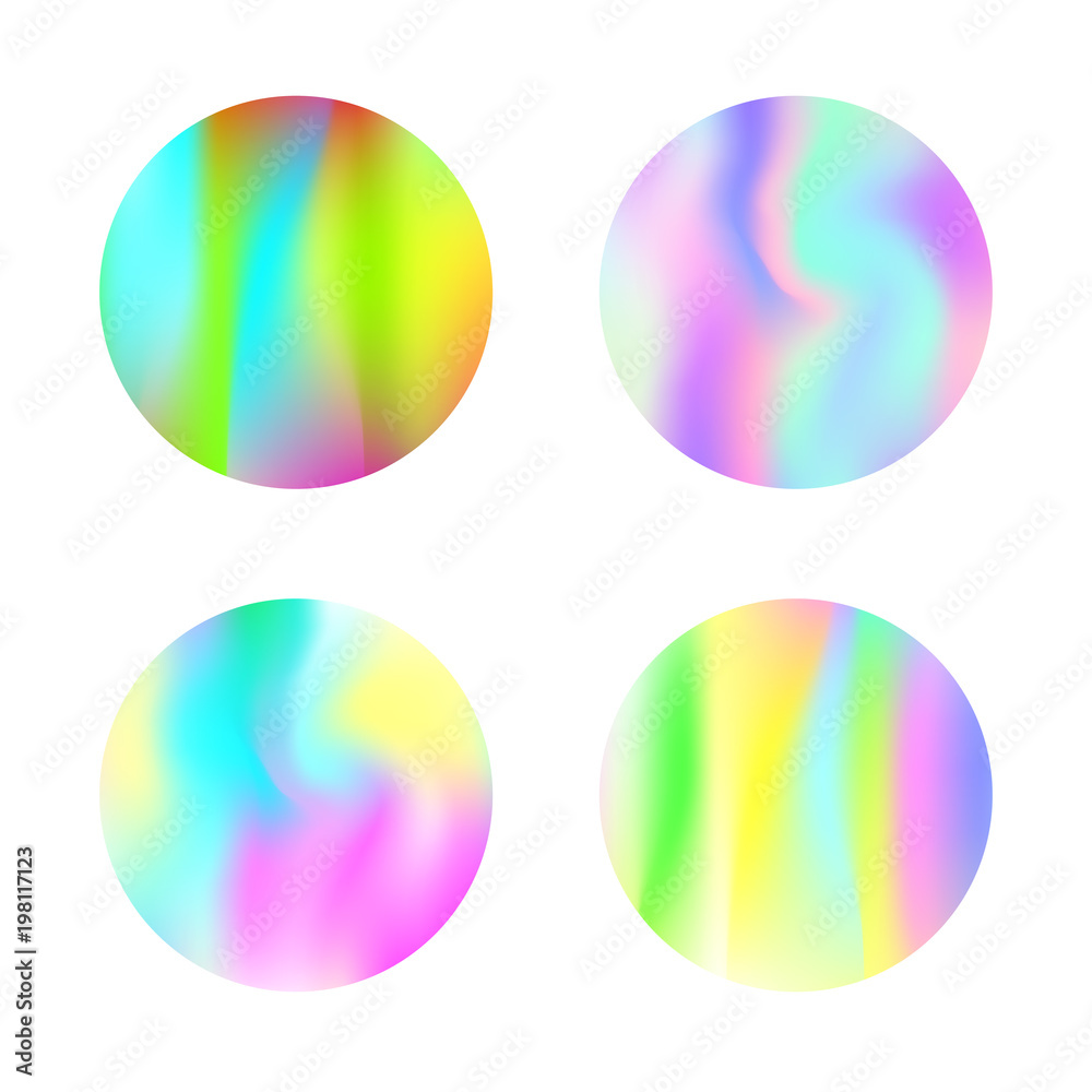 Gradient round set with holographic mesh. Trendy abstract gradient round set backdrops. 90s, 80s retro style. Iridescent graphic template for banner, flyer, cover, mobile interface, web app.