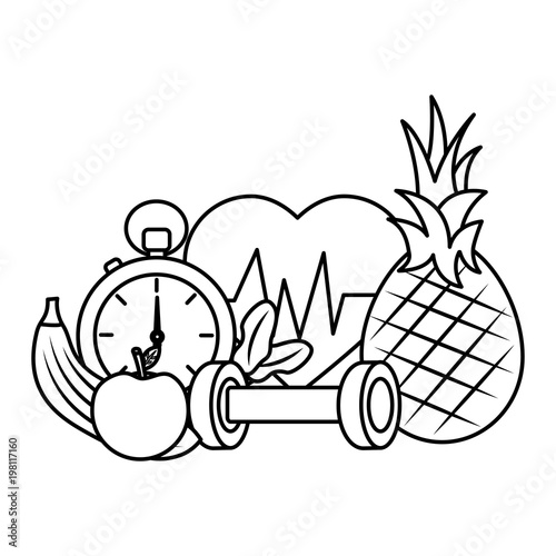 healthy lifestyle sport fresh food fruits vector illustration outline design