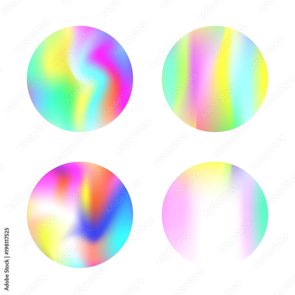 Hologram abstract backgrounds set. Multicolor Gradient backdrop with hologram. 90s, 80s retro style. Pearlescent graphic template for banner, flyer, cover, mobile interface, web app.