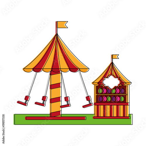 carnival fun fair festival carousel chair and shooting game targets vector illustration