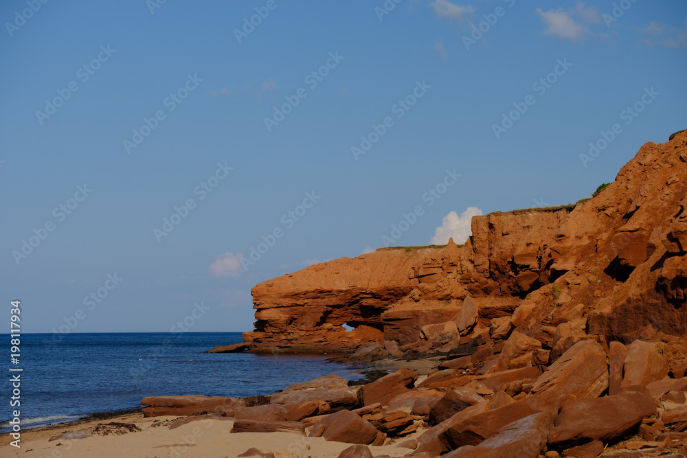 Erosion of the cliffs along the red cliffs of North Rustico and Green Gables on the Gulf of St Lawrence