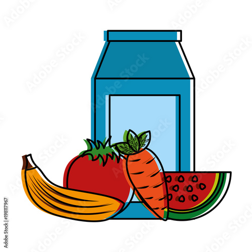 packaging juice and carrot banana tomato watermelon vector illustration