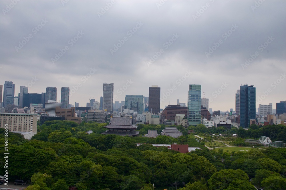 Tokyo Skyline (cityscape): Gigantic modern skyscrapers / highrise buildings of Japan's largest city with a lush green inner city park and a cloudy sky showing the symbiosis of technology and nature
