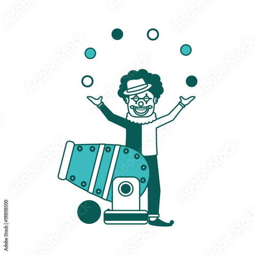 happy clown trick balls and circus cannon vector illustration green image