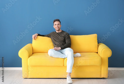 Handsome young man sitting on sofa, indoors