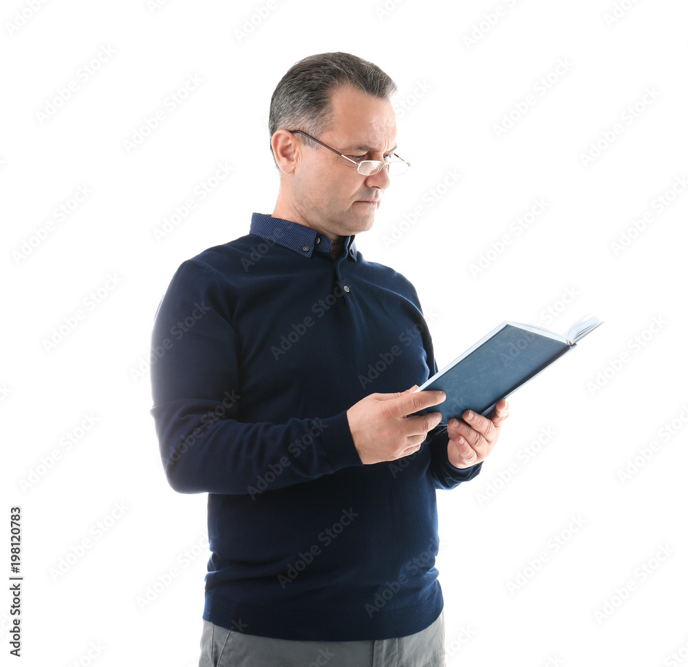 Portrait of male teacher with book on white background Portrait of male teacher with book on white background