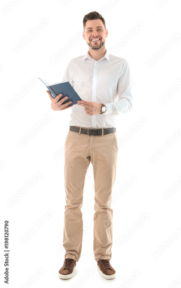 Male teacher with book on white background Male teacher with book on white background