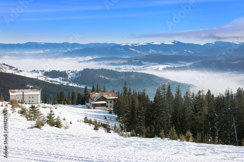 Snowy resort in mountains on winter day
