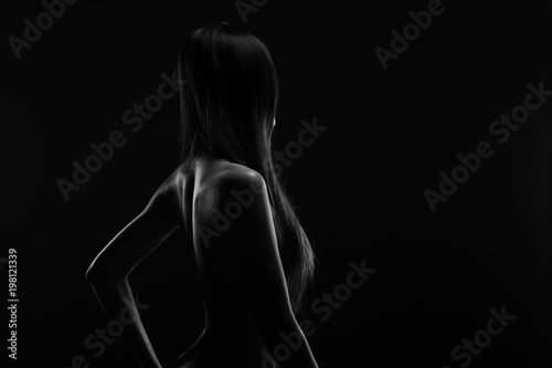 Back Side Rear view of Beautiful curve shape woman long straight hair, topless
