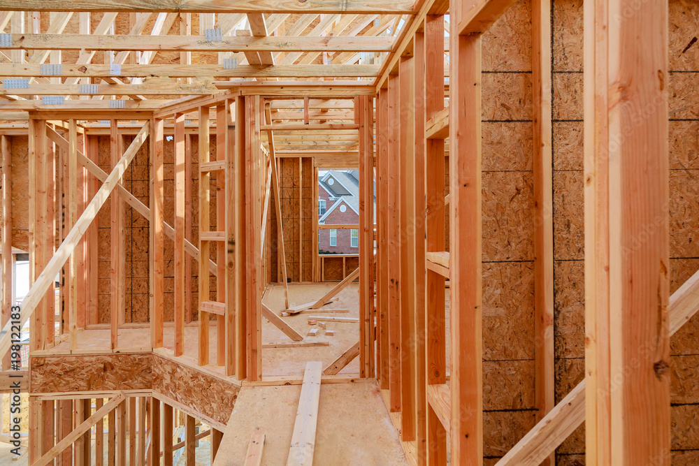 Wood building frame structure on a new development site Wood building frame structure on a new development site