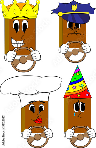 Books driving, holding a steering wheel. Cartoon book collection with costume faces. Expressions vector set.